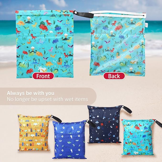Frienda 4 Pieces Cloth Diaper Wet Dry Bag, Waterproof Reusable Washable Bag for Baby Items and Travel Zippered Pockets with Handle, Beach, Swimsuit, Dirty Gym Clothes and Toiletries(Nature)