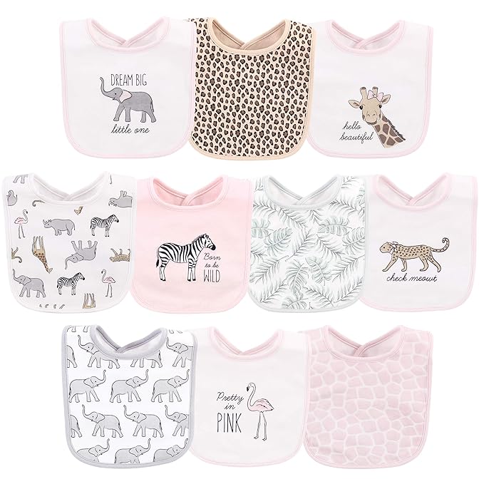 Hudson Baby Unisex Baby Cotton Bibs, Modern Pink Safari, One Size