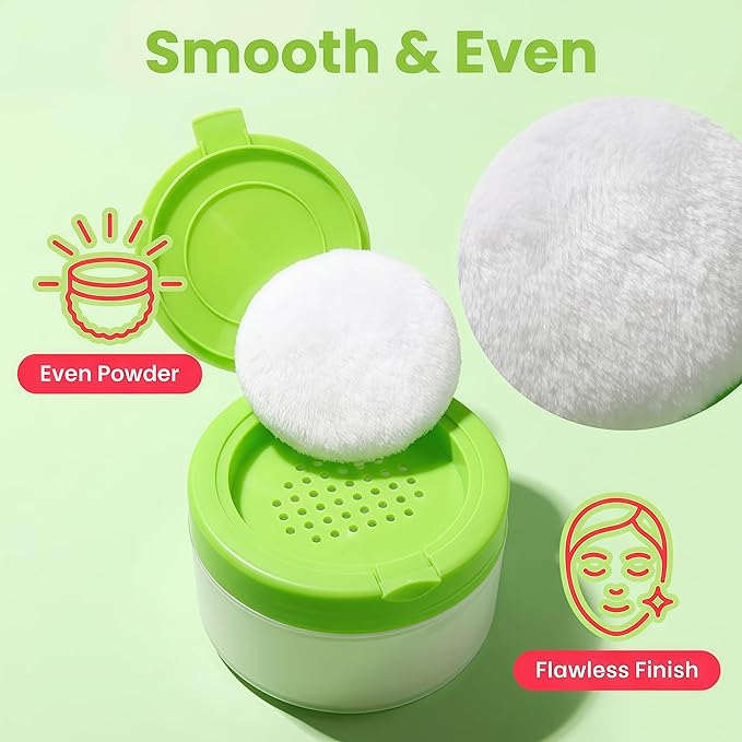 White Plastic Empty Baby Powder Puff Case with Green Sifter Lid Refillable After-Bath Talcum Powder Jar Dispenser Portable Beauty Baby Skin Care Container for Home and Travel