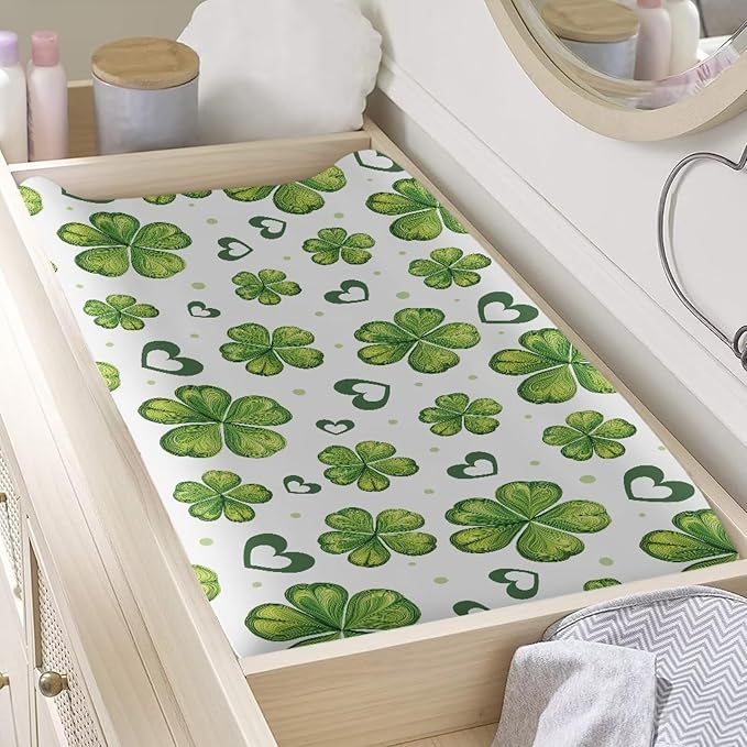 St. Patrick Changing Table Pad Cover Green Leaves Changing Pad Covers Heart Changing Pad Cover Breathbale Portable 32''*16''Changing Pads Nursery Decor