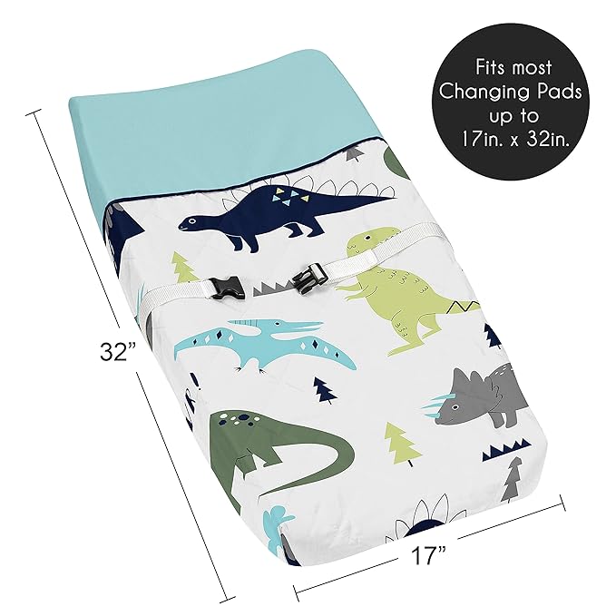 Sweet Jojo Designs Blue Green Modern Dinosaur Boy Baby Changing Pad Cover – Infant Newborn Diaper Table Change Mat Sheet - Turquoise Navy Boho Bohemian Mod Dinosaurs Prehistoric Grey and White Volcano