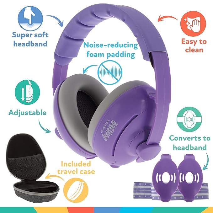 Nuby Soft Sounds 2-in-1 Noise-Canceling Baby Earmuffs with Travel Case - Adjustable Noise Protection for Infants and Toddlers - Purple