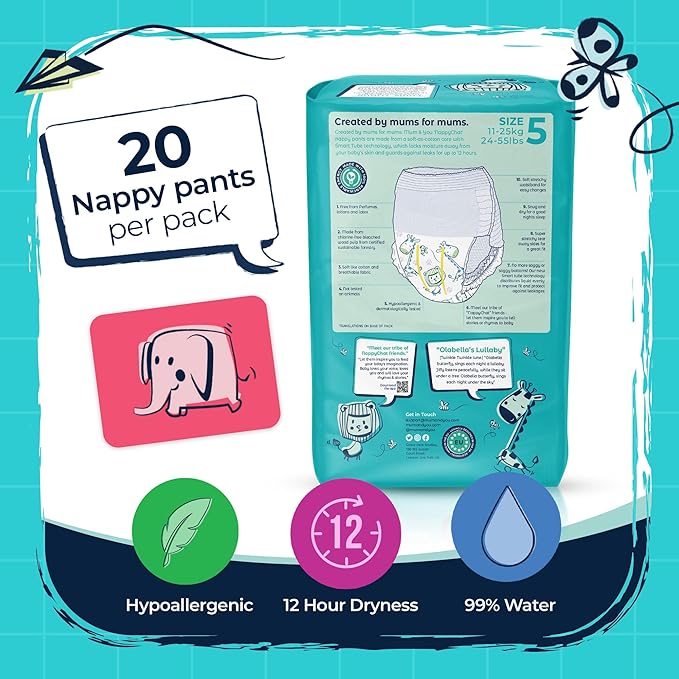 Mum & You Nappychat Premium Performance Eco Diaper Pants, Size 5 (20 diapers) Smart Tube Technology Leak Protection. 100% Recyclable. Hypoallergenic, Dermatologically-Tested. No Lotion, Perfume or Dye
