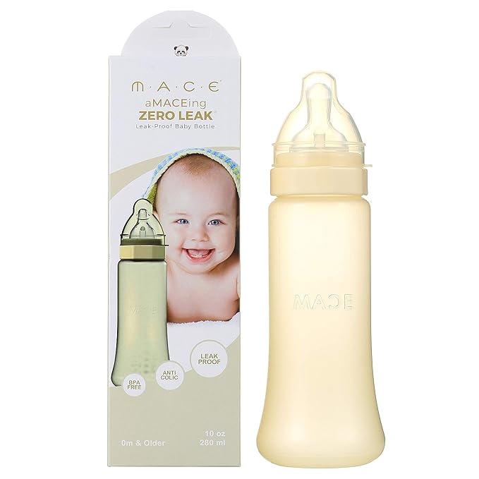 Made in USA aMACEing Zero Leak Leak Resistant Baby Bottle with Anti-Colic Vent and Variable Flow, 10oz (Yellow)