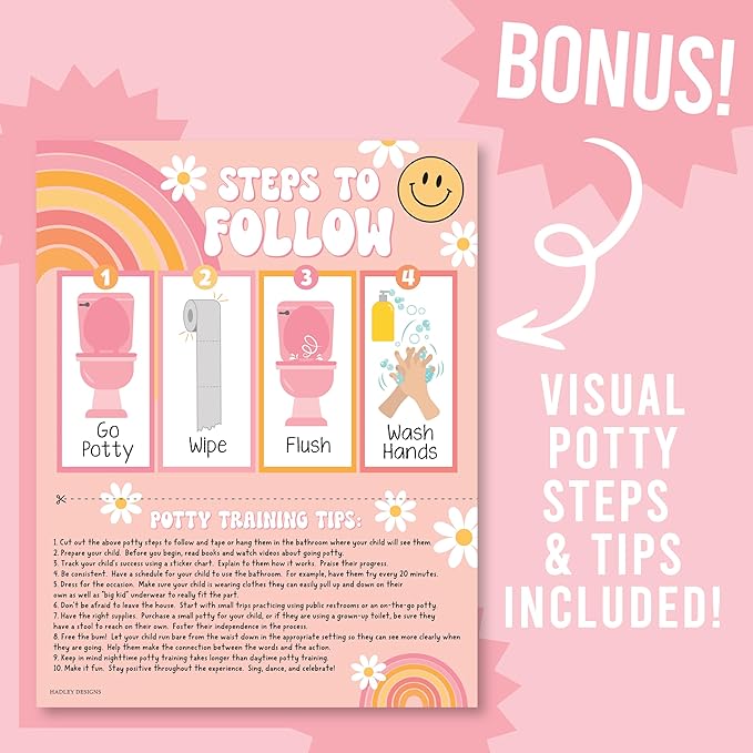 Hadley Designs Potty Training Chart for Toddlers Girls -10 Sticker Potty Chart for Toddlers Girls, 8.5x11" Potty Training Sticker Charts for Toilet Success, Retro Toddler Reward Chart for Kids