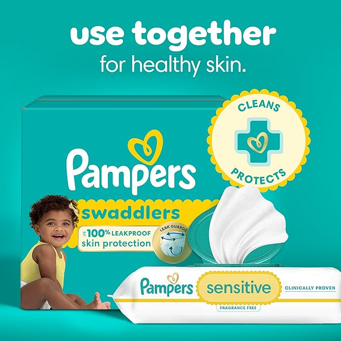 Pampers Sensitive Baby Wipes, Water Based, Clinically Proven, Hypoallergenic, and Unscented for Babies, 56 Wipes Total (1 Flip-Top Packs) [Packaging May Vary]
