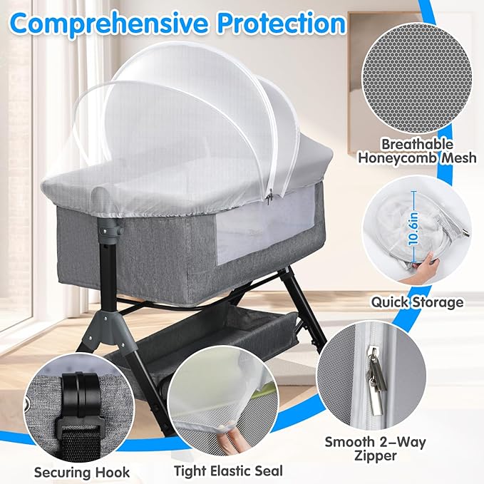 Bassinet Mosquito Net Cover - Half-Blackout Mosquito Net for Baby Crib & Bedside Sleeper, Breathable Crib net with 2-Way Zipper, Sun-Blocking Baby Mosquito Net Cover (Gray-Small)