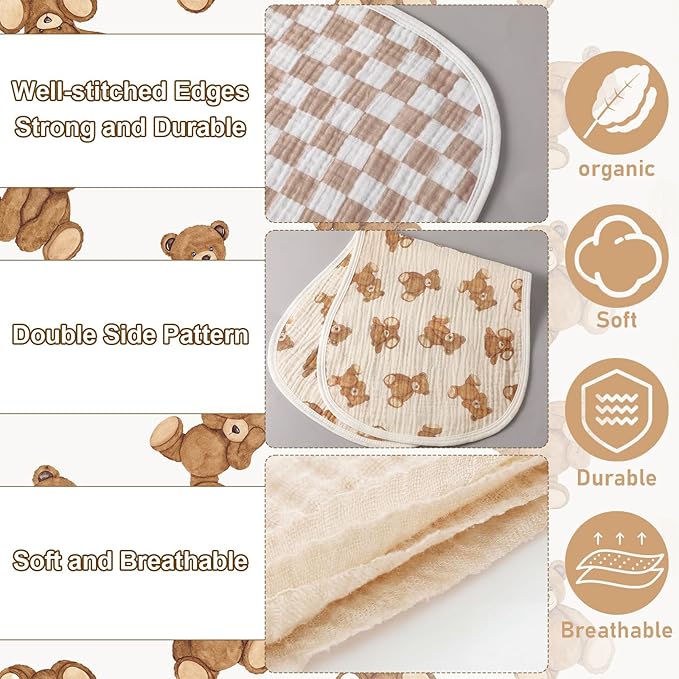 Hahafelt 4 Pcs Bear Baby Burp Cloths 100% Cotton Absorbent & Soft Burping Cloth Newborn Towel 2-in-1 Large Size Baby Spit up Burping Rags Set for Boys and Girls Infant Newborn