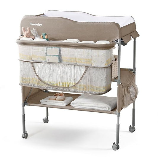 Sweeby Portable Baby Changing Table, Foldable Diaper Changing Station with Waterproof Pad, Mobile Nursery Organizer for Infant & Newborn Essentials, Light Khaki, Standard