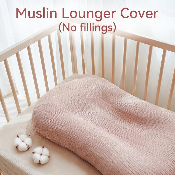 Muslin Baby Lounger Cover 1 Pack, Cotton Soft Breathable Infant Nest Slipcover, Envelope Closure, Compatible with Snuggle Me Loungers, Machine Washable, Cover Only, for Girls Boys(Pink)