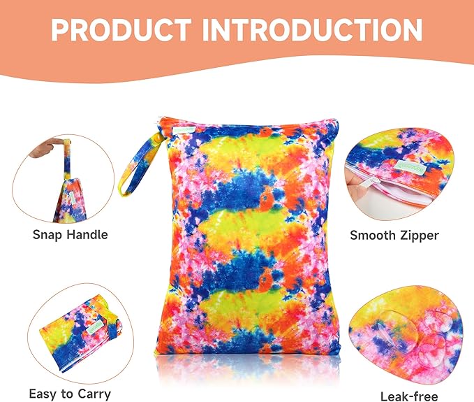 wegreeco Wet Dry Bag for Baby Swimsuit, Small Wet Dry Bag for Clothes Diaper and Breast Pump Parts, Large Baby bag for Travel,Gym Clothes,Beach,Pool,Extra Clothes (Tie-Dye)