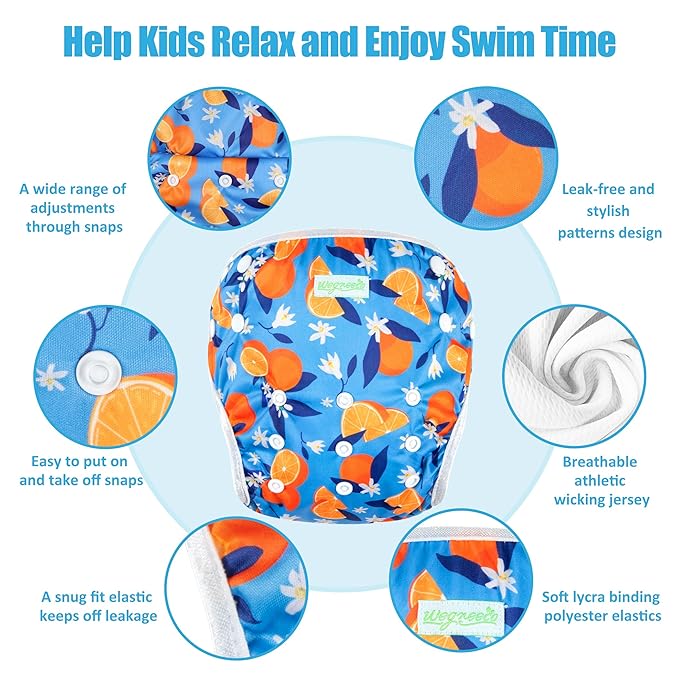wegreeco Baby & Toddler Snap One Size Adjustable Reusable Baby Swim Diaper (Fruit-NYG, Small, 3 Pack)