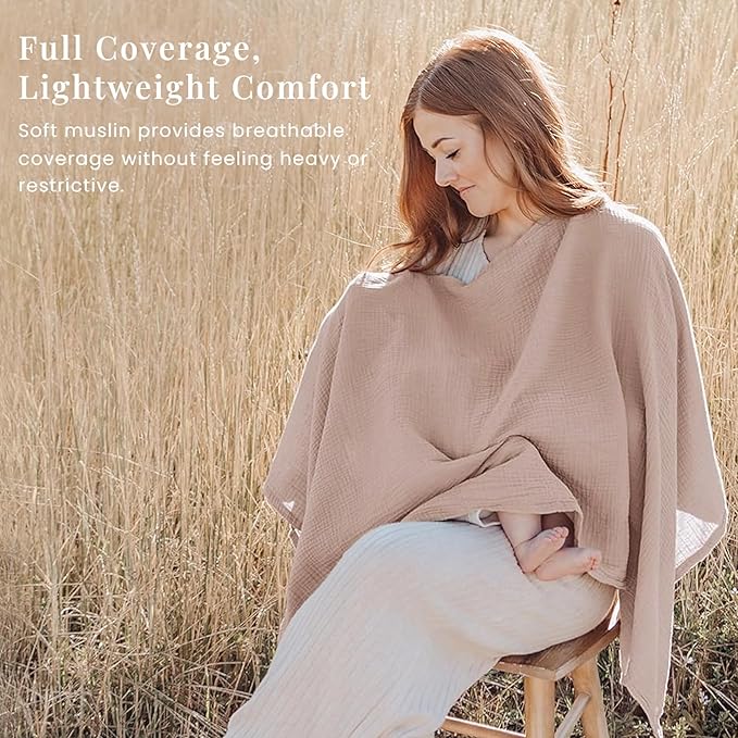 Konssy Muslin Nursing Cover for Breastfeeding, 360° Full Privacy Breathable 100% Cotton Breastfeeding Cover, Multi-use Carseat Canopy