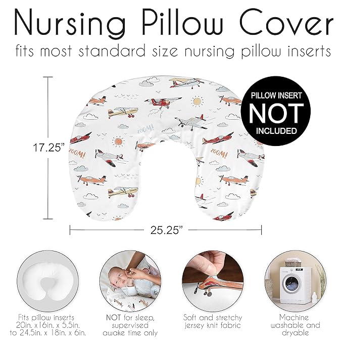 Sweet Jojo Designs Vintage Airplane Boy Nursing Pillow Cover Baby Breastfeeding Slipcover Infant Newborn Nursery Bottle Breast Feeding Pillowcase(Pillow NOT Included) - Airplanes Transportation Clouds