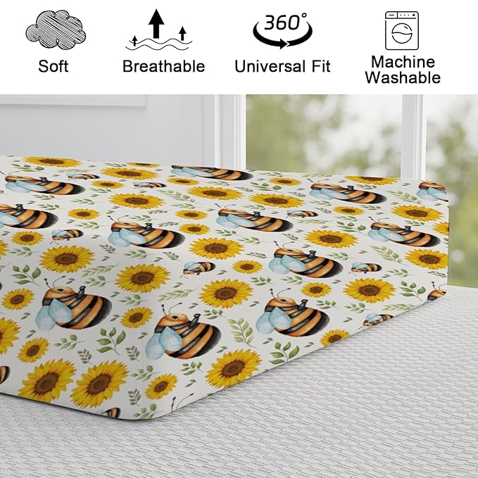 Cute Bees Sunflowers Leaves Changing Pad Cover Bees Boho Floral Diaper Change Table Pad Covers for Girls or Boys Soft Breathable Stretchy Snug Fitted Changing Sheets Mats Cover 32''x16''