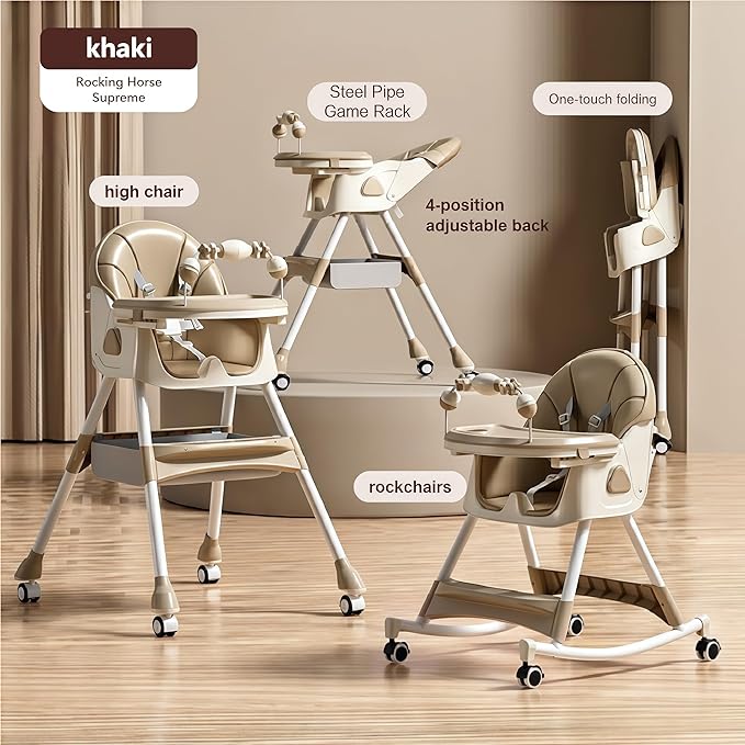 PU Leather Baby High Chair with Rocking Mode for Babies and Toddlers, Foldable Baby Eating Chair with Adjustable Backrests and Heights, Convertible Highchairs with Wheels (Khaki)