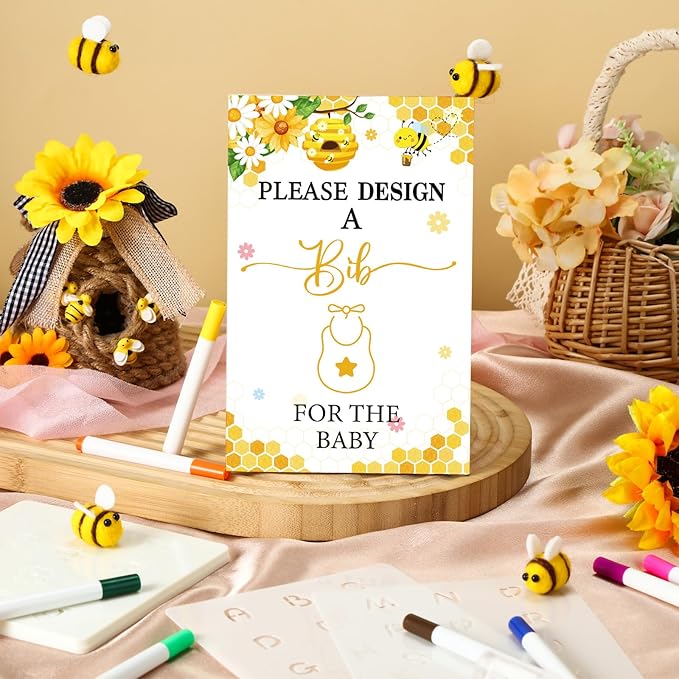 Panitay 100 Pcs DIY Baby Bibs Decorating Kit 50 White Bibs 25 Stencils 24 Markers 1 Baby Shower Game Sign