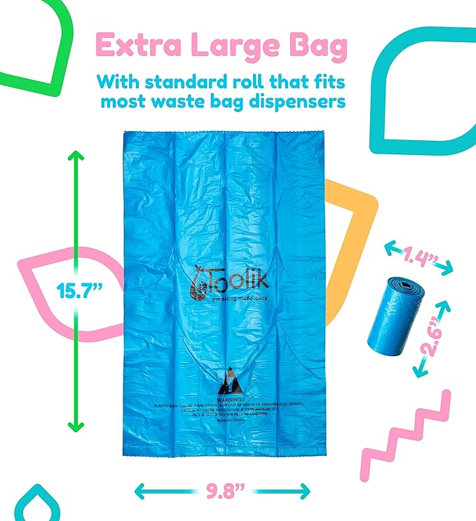 Toolik Diaper Bag Dispenser Refills Disposable Unscented Waste Bags (16 Rolls - 240 Bags)