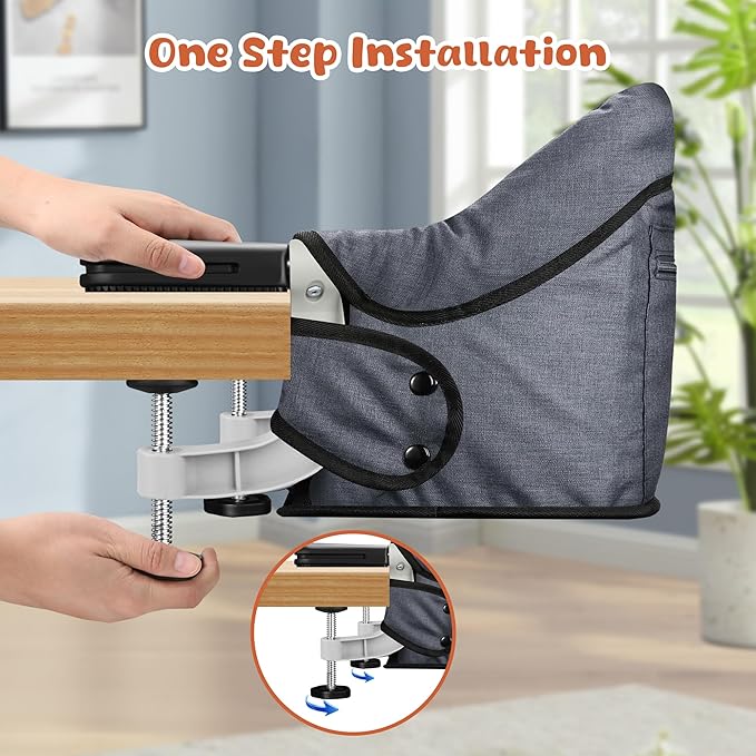 Hook On High Chair with Detachable Tray, Portable Foldable Clip On Baby Travel High Chair, Lightweight Feeding Seat with Storage Bag, BPA-Free Safety Harness for Home Restaurant (Grey)