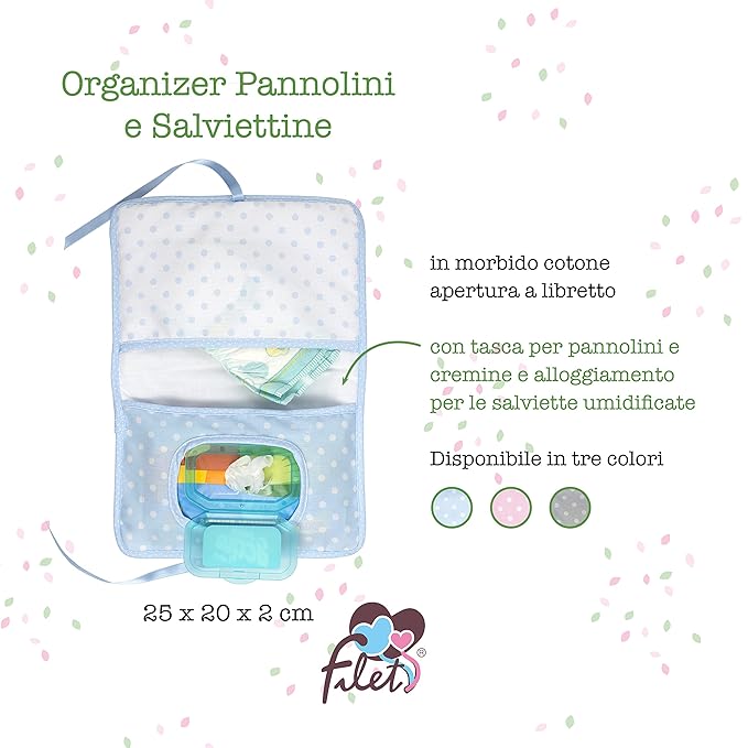 Diaper and Wipes Bag, Portable Diaper and Wipes Bag Organizer, with Booklet Opening, Gift Idea for Future Parents, 100% Made in Italy, Light Blue Colour, grey, AMA1717B