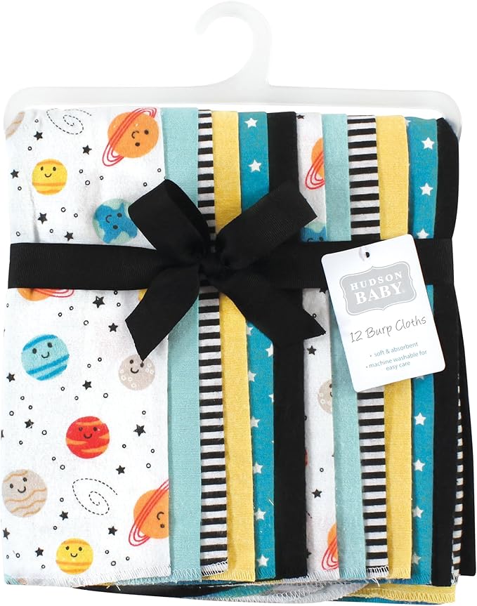 Hudson Baby Unisex Baby Cotton Flannel Burp Cloths Bundle, Happy Planets, One Size