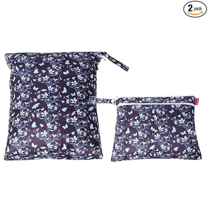 Damero 2Pcs Wet Dry Bag for Cloth Diaper, Swimsuit, Clothes, Ideal for Travel, Exercise, Daycare, Roomy and Water-Resistant(Butterflies and Flowers)