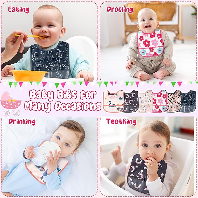 6Pcs Waterproof Toddler Bibs Baby Feeding Bib Set with Crumb Catcher Pocket, Infant Adjustable Baby Teething Bib, Babies Sleeveless Animals Food Bibs Keepsake Gift for Baby Shower, 6-24 Months