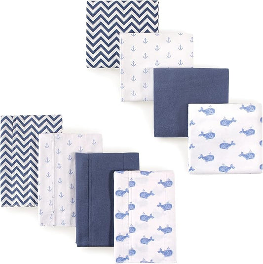 Hudson Baby Unisex Baby Cotton Flannel Burp Cloths and Receiving Blankets, 8-Piece, Blue Whale, One Size