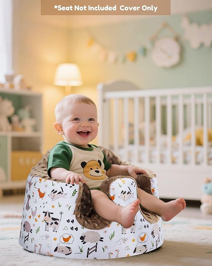BOMOLOUR Seat Cover Compatible with Bumbo and Nuby Seat, Removable Breathable Baby Floor Seat Cover for Boys and Girls, Seat Not Included (Brown Farm)