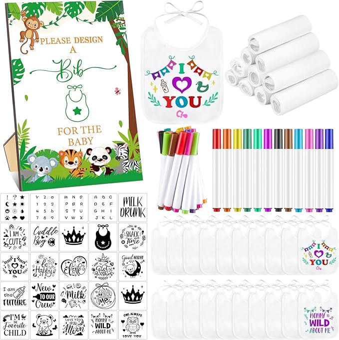 Panitay 100 Pcs DIY Baby Bibs Decorating Kit 50 White Bibs 25 Stencils 24 Markers 1 Baby Shower Game Sign