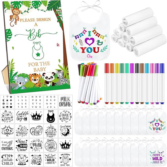 Panitay 100 Pcs DIY Baby Bibs Decorating Kit 50 White Bibs 25 Stencils 24 Markers 1 Baby Shower Game Sign