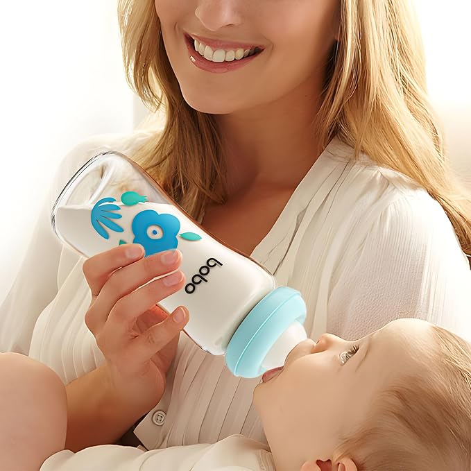 YOHKOH Natural Glass Baby Bottle with Level 2 Medium Flow Nipple, Newborn Anti-Colic Baby Bottles, Wide Neck Mushroom Baby Glass Bottle (Blue, (8.8oz (Pack of 2))