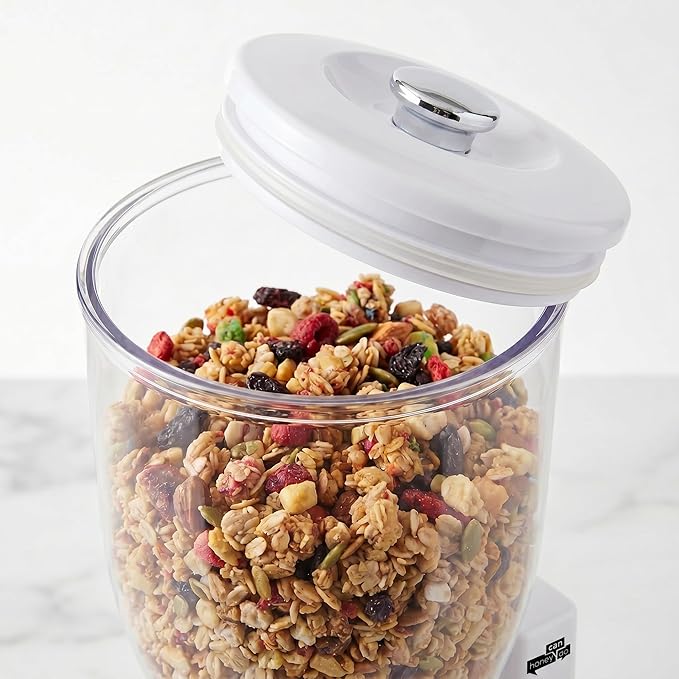 Zevro Indispensable Single Dry Food Dispenser – Countertop Cereal Dispenser with Portion Control, 17.5 oz Capacity, Airtight BPA-Free Food Storage, White/Chrome