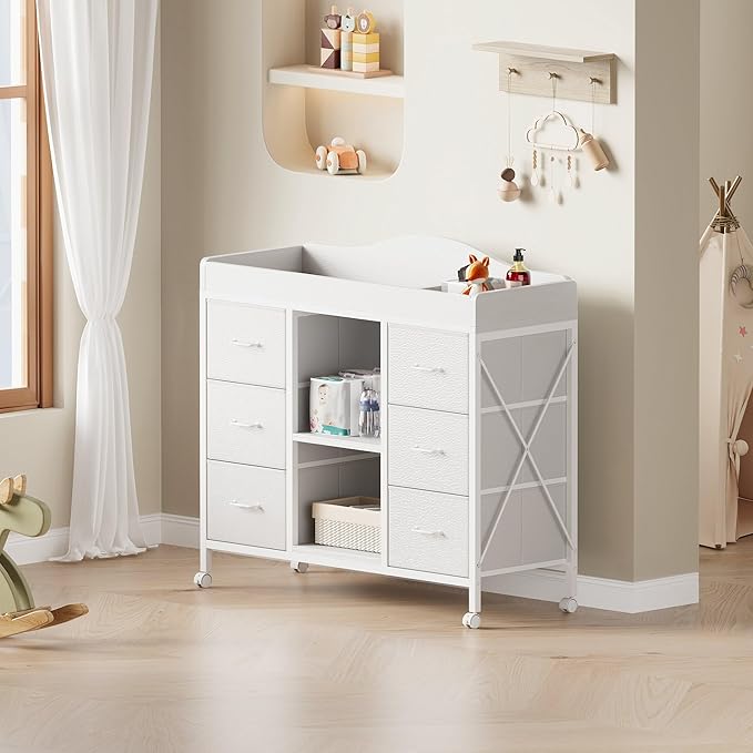Yetom Changing Table, 6-Drawer Baby Dresser with Changing Table top, Waterproof Diaper Changing Station & Pad, 2 Height-Adjustable Open Storage Shelves, Mobile Nursery Organizer, White