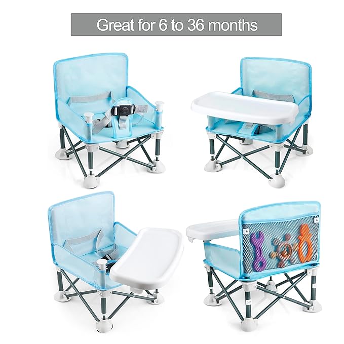 PandaEar Portable Travel Booster Seat with Tray| Folding Baby Seat Booster High Chair for Dining Table| Compact Camping Chair for Lawn, Beach Indoor/Outdoor Use| Toddlers, Kids (Light Blue)