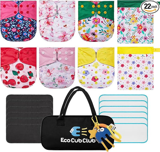 Reusable Washable Cloth Diapers 6pcs for Baby Shower,Leak-Proof Double Gussets Fleece Lining,12 Soft Fleece Inserts & 2 Wet Bags,Packed in Durable Travel Handbag&Key Chain-G-05-F