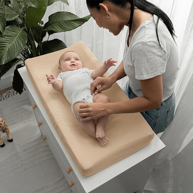 Comfy Cubs Muslin Fitted Changing Pad Cover Pack of 2, Cedar and Cream - Soft, Breathable & Washable 100% Cotton Fitted Sheet for Baby's Comfort - Universal Fit for Flat & Curved Baby Changer Pad