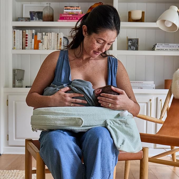 My Brest Friend Nursing Pillow - Deluxe - Enhanced Comfort w/Slipcover - Ergonomic Design for Ultimate Breastfeeding Support for Mom & Baby - Adjustable Backrest and Handy Side Pocket, Spring Green