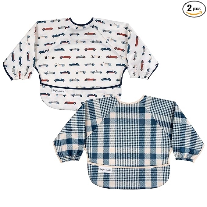 Tiny Twinkle Long Sleeve Bib for Babies & Toddlers | 2-Pack Waterproof Smock Bib for Eating | Machine Washable & Mess-Proof Feeding Essentials | Newborn Shower Gift(Vintage Cars, Gingham, 6-24M)