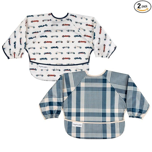 Tiny Twinkle Long Sleeve Bib for Babies & Toddlers | 2-Pack Waterproof Smock Bib for Eating | Machine Washable & Mess-Proof Feeding Essentials | Newborn Shower Gift(Vintage Cars, Gingham, 6-24M)