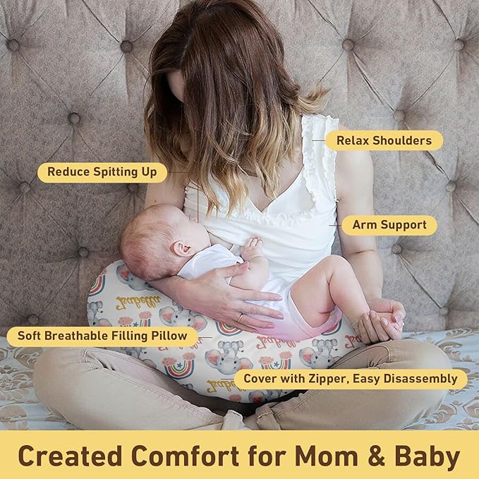 Dyoart Custom Baby Nursing Pillow Cover for Nursing, Elephant Theme Removable Nursing Covers for Breastfeeding Pillows, Ultra Soft Comfortable Slipcover for Newborn Baby Boys and Girls Rainbow