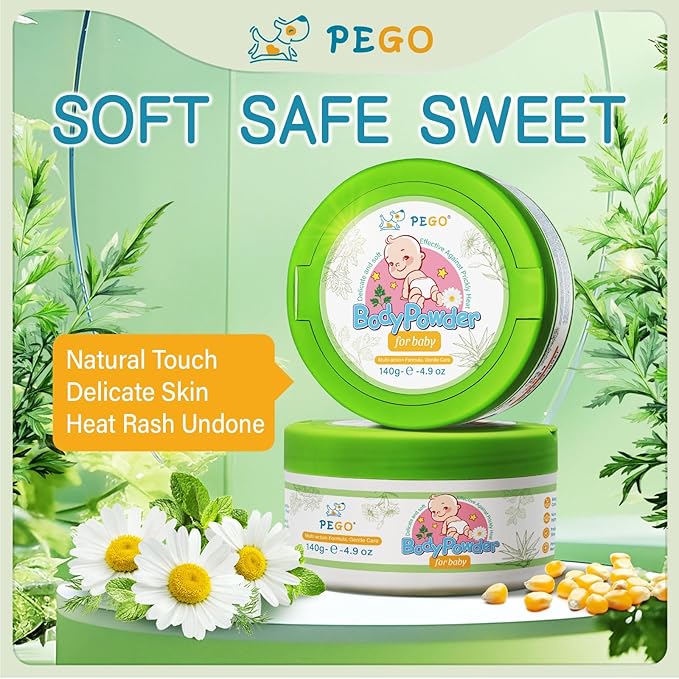 PEGO Cornstarch Baby Powder, Talc-Free,with Zinc Oxide, Aloe Vera & Chamomile, Soothing Skin Care, Hypoallergenic for Delicate Skin and Diaper Rash, for Newborns, Babies or Toddlers -140g