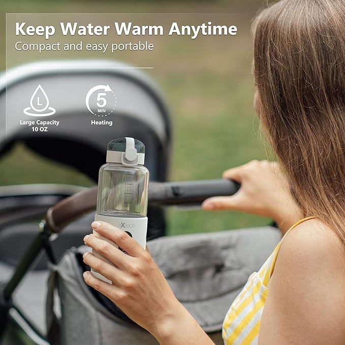 IXTECH Portable Water Warmer for Travel, Instant Breastmilk, Baby Formula, Water, Portable Bottle Warmer, 10., Ounces with Adjustable Temperature Control, Rechargeable and Wireless.