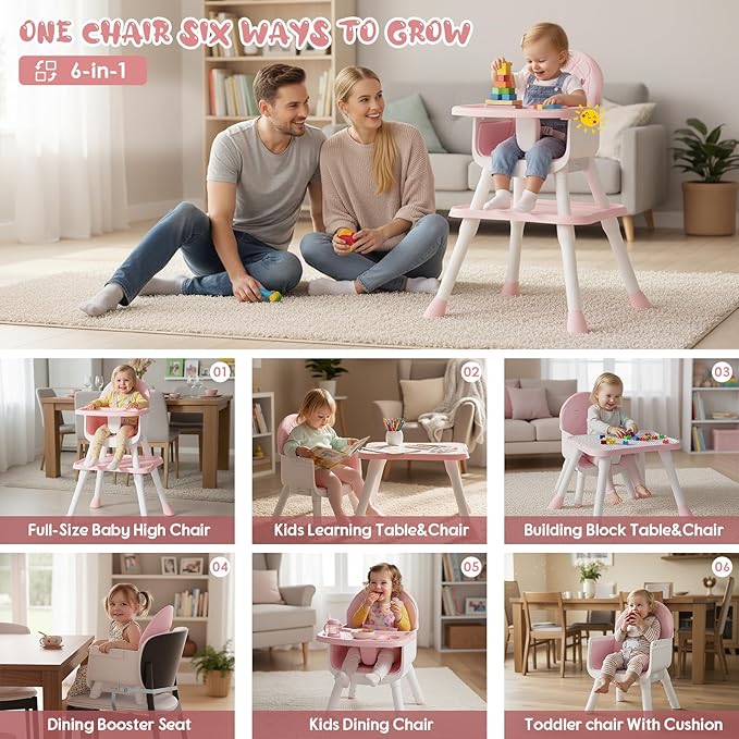 UNISWAN 6 in 1 Baby High Chair, Convertible Highchair for Babies and Toddlers (Pink)