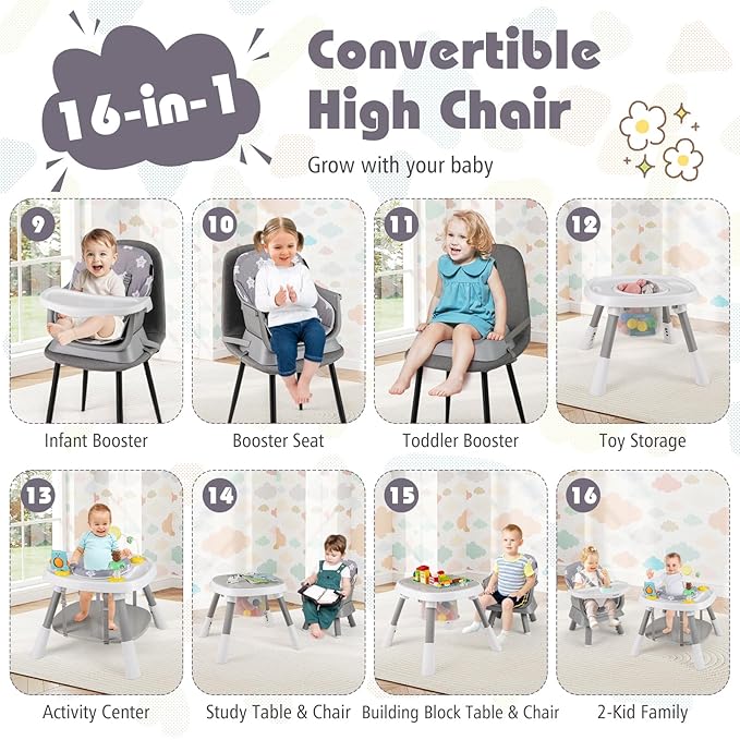 KOTEK 16 in 1 Convertible High Chair, Baby Highchair & Activity Center, Booster Seat, Building Block Table, Toddler Chair with 5-Point Harness, Removable Tray & Cushion (Gray)