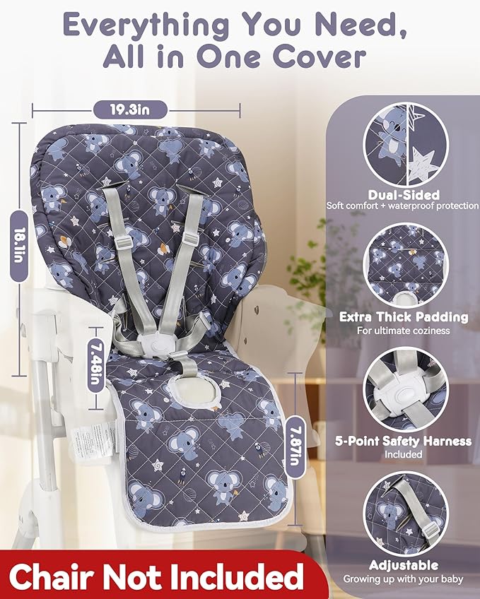 Baby High Chair Cover Replacement, Reversible & Waterproof High Chair Cushion Pad Home & Restaurant use, Includes 5-Point Harness Strap, Chair Not Included - Grey