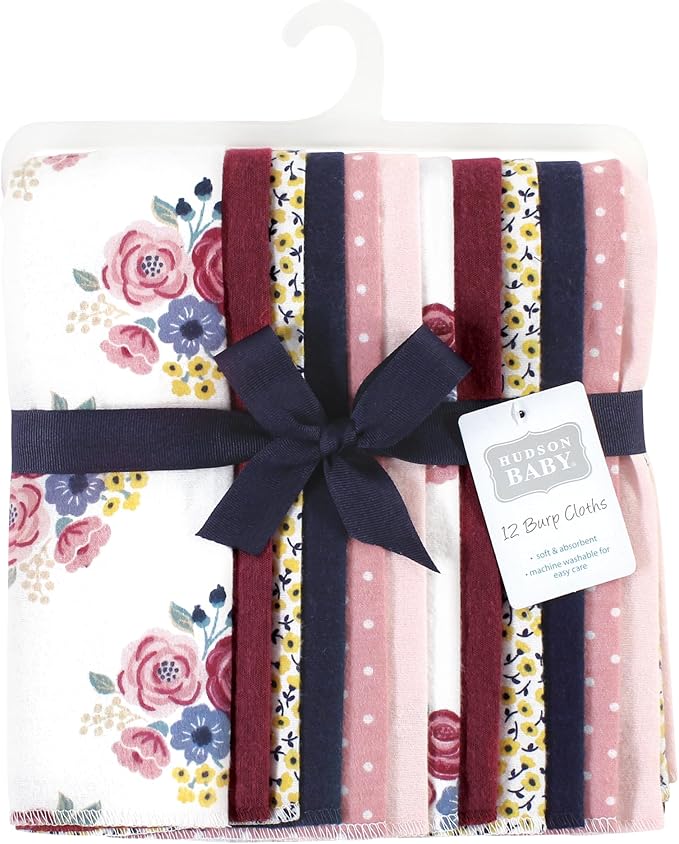 Hudson Baby Unisex Baby Cotton Flannel Burp Cloths Bundle, Blush Navy Floral, One Size