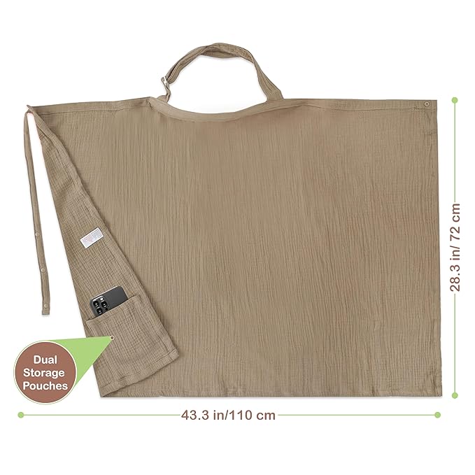 100% Organic Cotton Nursing Cover & Shawl - 43 x 28 Inch Breathable Muslin Breastfeeding Nursing Apron Cover with Arch Neckline for Mothers, Multi-use Carseat Canopy (Beige)