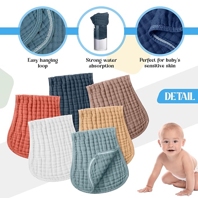 Frienda 6 Pack Muslin Burp Cloths Cotton Large 20''x 9'' Extra Absorbent and Soft Baby Burping Cloth for Baby Boy Girl Unisex(Cute Colors)