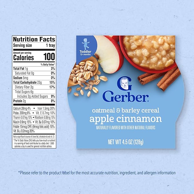 Gerber Oatmeal and Barley Apple Cinnamon Cereal, Toddler Oatmeal, Iron, Whole Grains, 8PK (Pack of 2)
